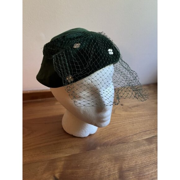 Vintage 1950s Emerald Green Boiled Wool + Velvet Trim Hat With Crystal Shamrocks main image 5